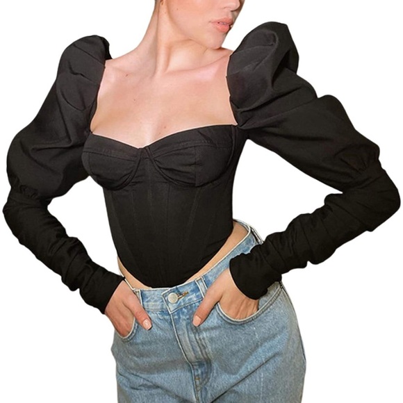 Corset Crop Top Elegant Fall Cloth Puff Sleeve Bustier Square Neck Shirt - Picture 2 of 5